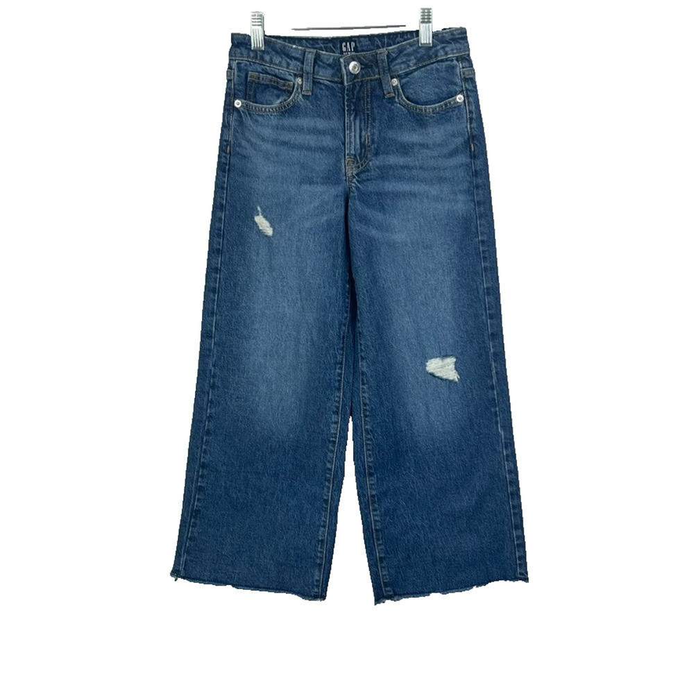Gap Jeans Girls Size 12 Dark Wash Denim Wide-Leg Distressed Raw Hem